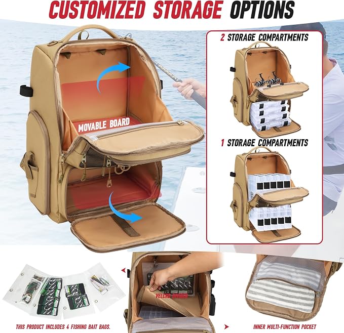 Fishing Tackle Backpack,Tackle Bag with 2 Rod Holders & 4 Tackle Boxes,Water-Resistant Large Storage Fishing Gear and Equipment, Fisher Gifts for Men, Khaki