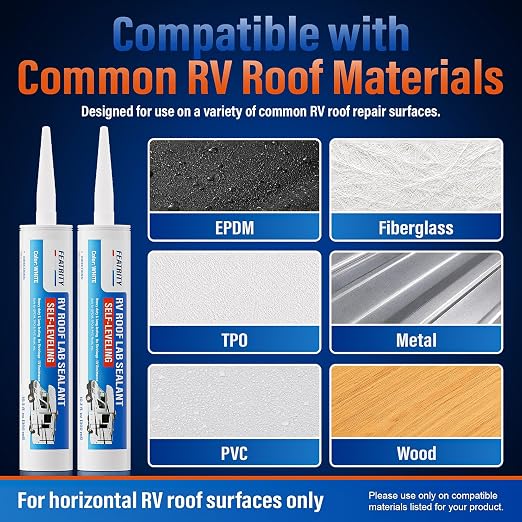 RV Roof Sealant Self-Leveling: White Lap Sealant for Camper Roof Leak Repair, Waterproof Weatherproof Caulk for EPDM TPO Rubber Roof Seams, Skylights, Air Vents, 10.3 oz Tubes 2-Pack