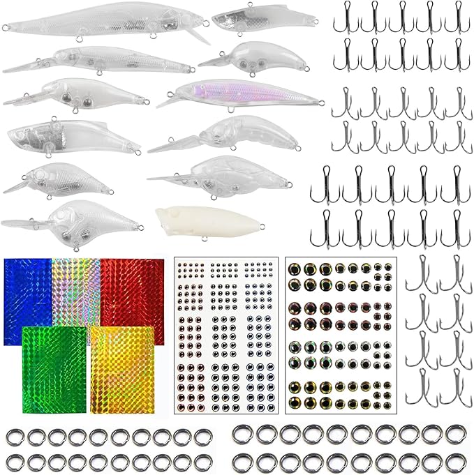 Blank Fishing Lure Kit,Unpainted Popper Plug Lures DIY Crank Bait Set Fishing Pliers Treble Hooks 3D/4D Lure Eyes Bait Sticker Split Rings,Fish Tackle Accessories Kits