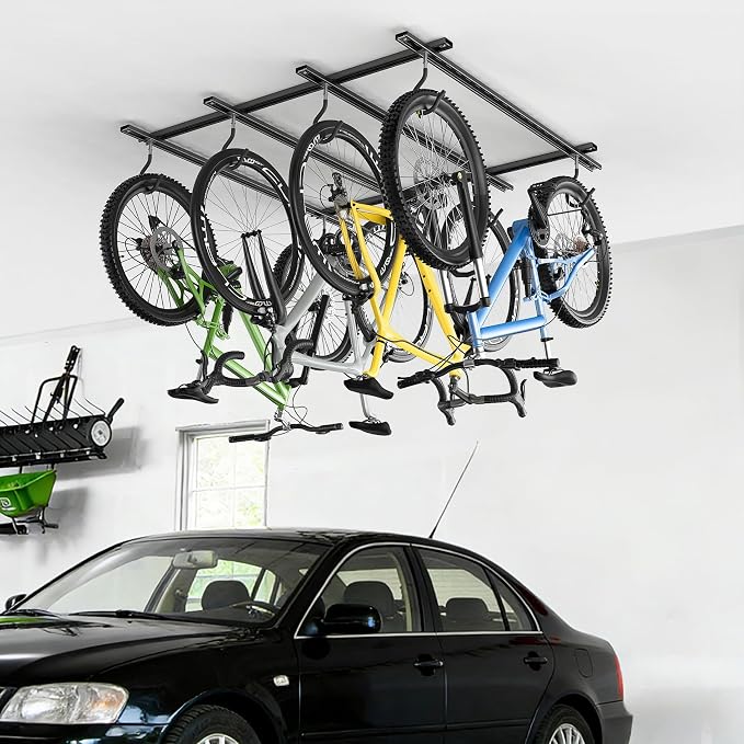 WALMANN Garage Ceiling Bike Rack, Adjustable Overhead Bicycle Storage System – Stores 4 Bikes Horizontally or 8 Bikes Vertically, Ceiling-Mount Bike Hanger for Road & Mountain Bikes