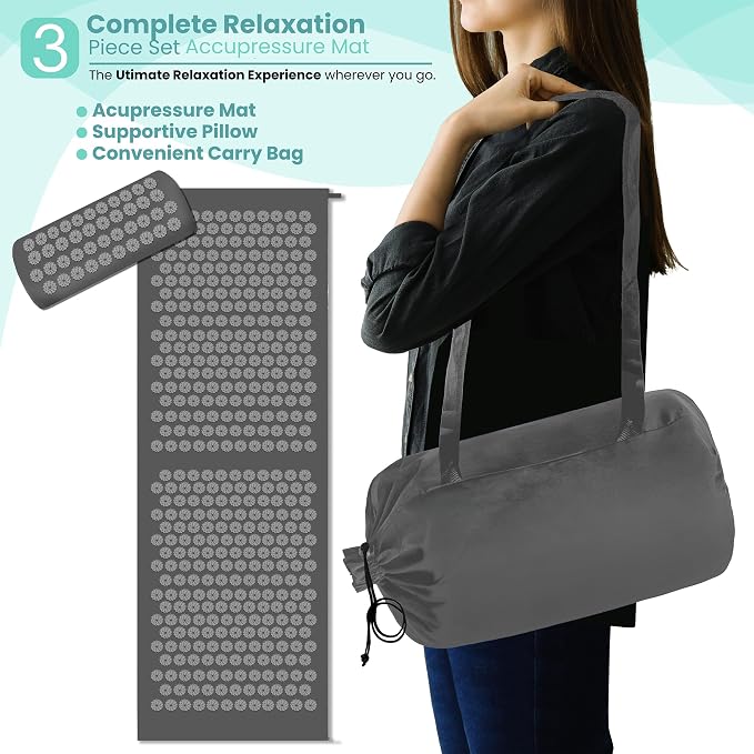 Sivan Health and Fitness Acupressure Mat and Pillow Set - Grounding Mat for Stress, Back & Neck Pain - Acupuncture Point Massage Mat for Muscle Relaxation, Sciatica, & Meditation - Includes Carry Bag