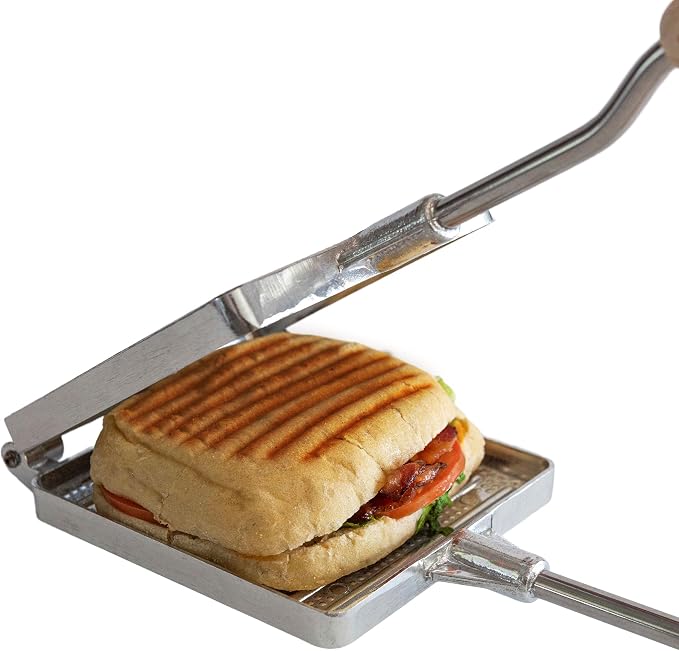 Hot Sandwich Maker Press for Stovetop or Campfire Cooking Equipment - Aluminum Flip Pan Sandwich Toaster with Handles - Panini Maker Great for Kitchen and Camping Cookware by Kings County Tools