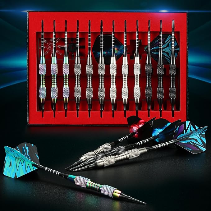 Soft Tip Darts Set with Gift Box Dart Case Professional Darts Plastic Tip with 100 Dart Tips 12 Shafts 24 Flights Tool Kit Flight Protectors for Electronic Dart Board