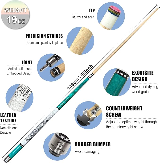 HomeSeason 58in Pool Cue Stick Canadian Maple Wood 13mm Tip - 18oz Perfect for Precision Play, Low Deflection Pool Cue for Enhanced Accuracy