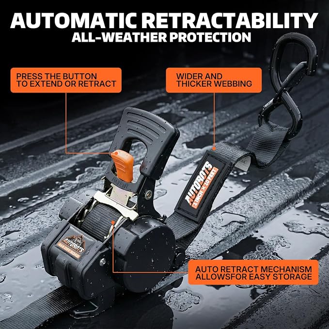 AUTOBOTS Retractable Ratchet Straps (4-Pack) 1” X 10ft (1,800lb Break Strength) - Heavy Duty Auto Self Tie Down Straps with (8) Tie Down Anchor for Cargo Trailer, Truck, Motorcycle, ATV, UTV
