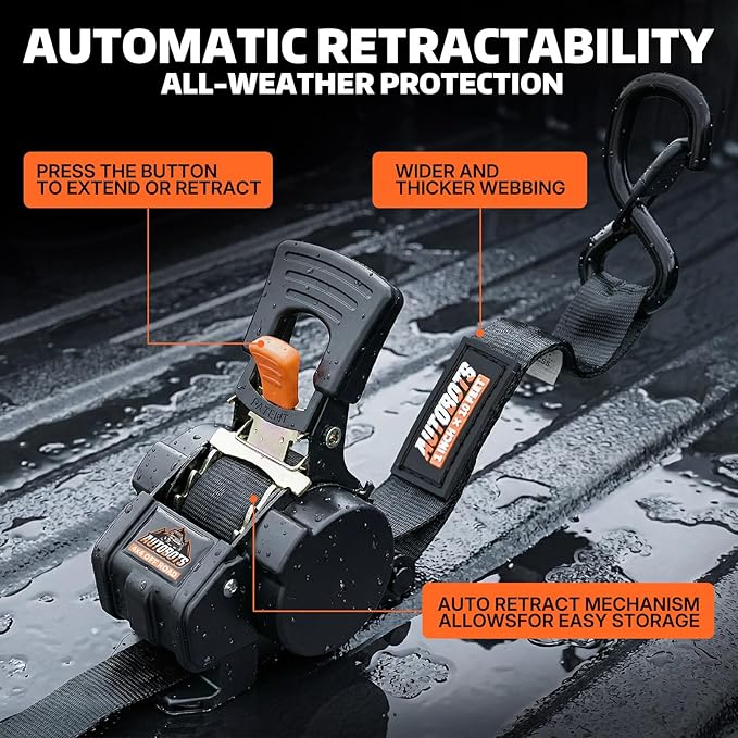 AUTOBOTS Retractable Ratchet Straps (2-Pack) 1” X 10ft (1,800lb Break Strength) - Heavy Duty Auto Self Tie Down Straps with (4) Tie Down Anchor for Cargo Trailer, Truck, Motorcycle, ATV, UTV
