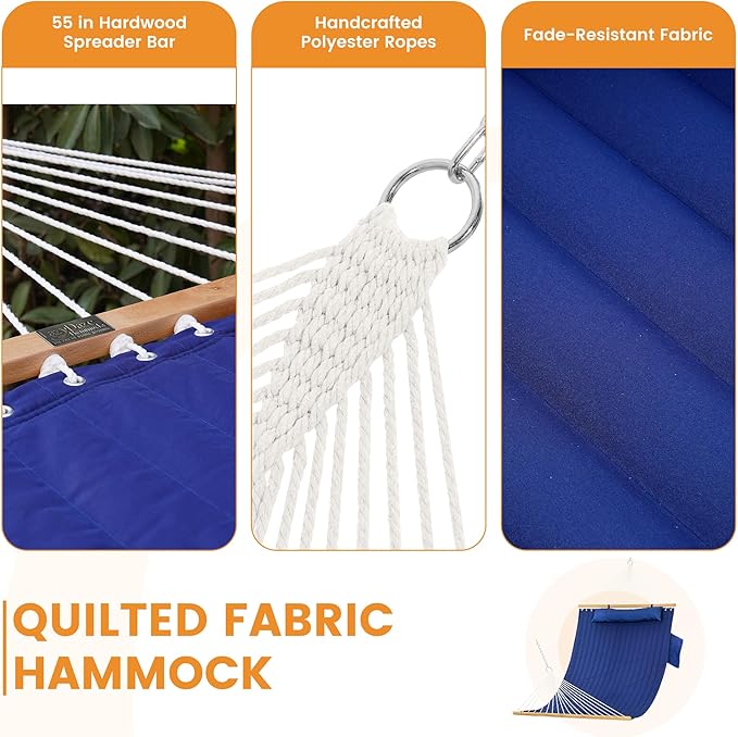 Lazy Daze Hammocks 10.5FT 2 Person Double Quilted Fabric Hammock with Spreader Bar, Detachable Pillow, Side Pocket, Carabiners, Chains, Straps for Outdoor, 450lbs Capacity, Navy Blue