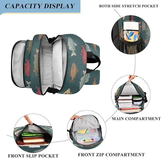 Fisyme River Fish Vintage School Backpack Laptop Backpack Bags Bookbags Travel Casual Computer Notebooks Daypack