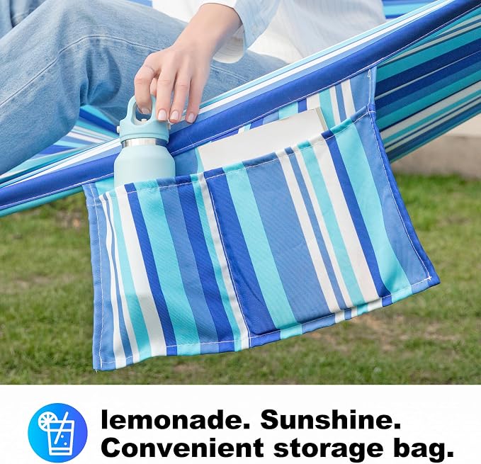 GAFETE Hammock 2 Person Quilted Fabric Hammocks for Outside, Double 12ft Hammocks with Spreader Bar, Large Removable Pillow, Storage Bag, Carabiners, Max 475 lbs Capacity (Ocean Blue)