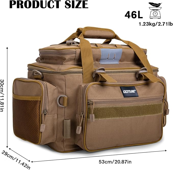 Goture Fishing Tackle Bag, Store Up to 4PCS 3700 Plus 2PCS 3600 Tackle Trays(Not Included), 600D Soft Side Gear Fishing Bag with Rod Straps,Detachable Water Bottle Pouch,Waterproof Bottom,SBS Zippers