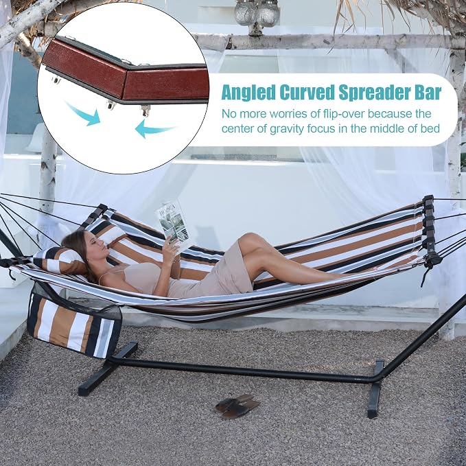 TegerDeger 12FT 2 Person Hammock Large Hammock 450LB Capacity with V Shaped Hardwood Spreader Bar & Nylon Rope for Outside, Patio, Garden, Backyard, Beach, Poolside - Coffee Stripes