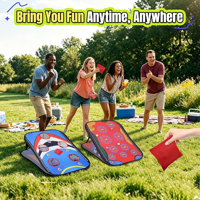 ROSE ME Cornhole Board Set, Portable Collapsible 5 Holes & Double Sided 3x2 ft Corn Hole Boards with 8 Bean Bags 12 Sticky Balls Free Carry Case, Adults Outdoor Toss Games for Yard, Beach, Lawn