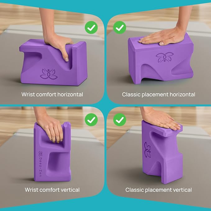 PRO Yoga Blocks | Ergonomic Yoga Block 2 Pack for Wrist Comfort and Support | EVA Foam Exercise Blocks, 2x Knee Pads & Yoga Strap | Pilates Block Set | Bricks to Eliminate Wrist Pain