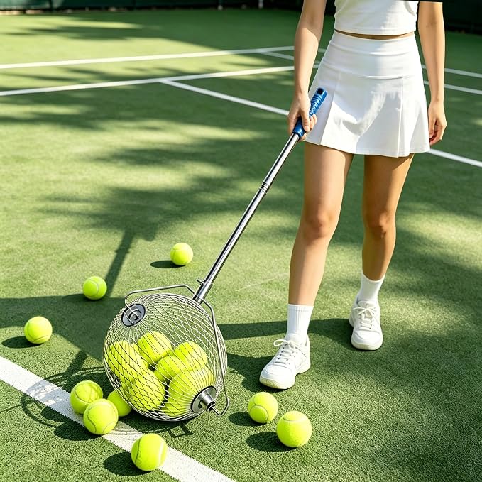 Tennis Ball Picker Upper, Extendable Ball Retriever Collector, Lightweight Hopper for Tennis and Pickleball Pickup, No Bending Needed
