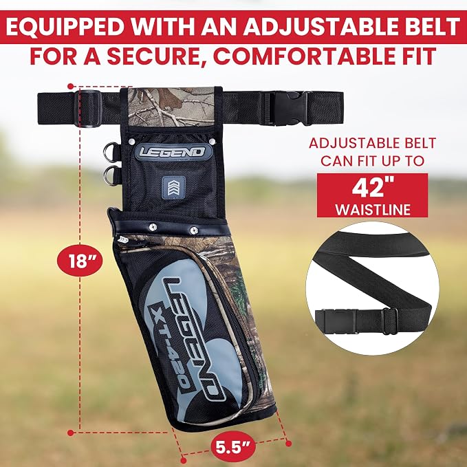 Legend XT420 Field Quiver - Left or Right-Handed Quiver Arrow Holder, Archery Quiver with 3 Arrow Tube, Durable Nylon Hip Quivers with Multiple Pockets for Archery Accessories, Score Card & Tools