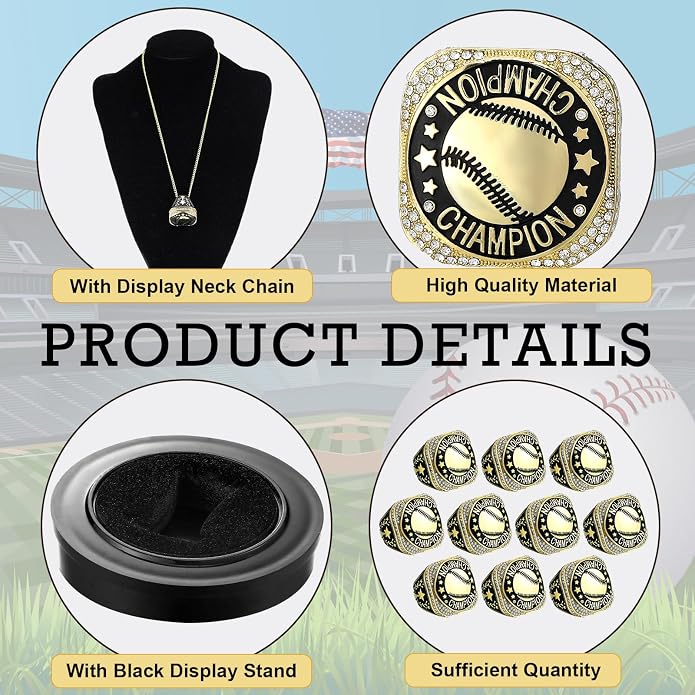 Highergo 20 Pcs Baseball Softball Basketball Football Champion Rings with Display Neck Chain and Stand Volleyball Soccer Cheer Trophy Rings Bulk for Tournament Award Gift