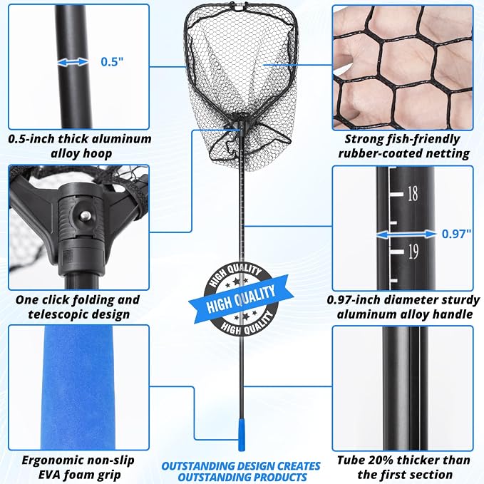 Long Collapsible Landing Net, Large Fishing Net with Telescoping Handle, Foldable, Extendable, Lightweight & Strong, Fish Net with Fish-Friendly Mesh for a Safe Release