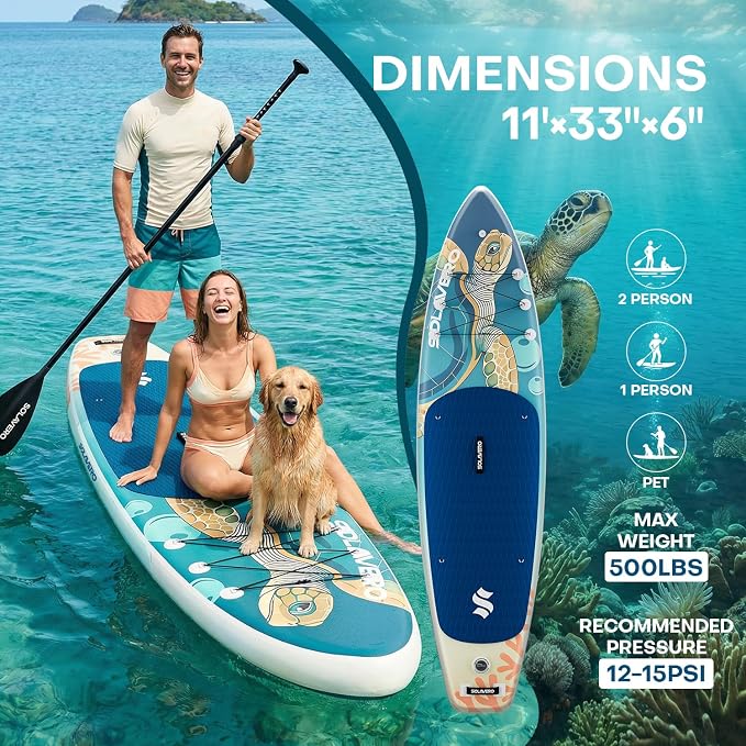 SOLAVERO Stand Up Paddle Board, 11‘ Inflatable SUP Supports 500LB - Wide Stable Board with Non-Slip EVA Deck for Adults & Youth of All Skill Levels