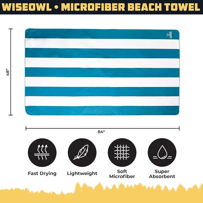 Wise Owl Outfitters Microfiber Beach Towel (7x4 ft) – Extra Large 84"x48", Quick Dry, Lightweight and Sand Free for Adults at the Beach, Pool, Gym, Yoga, or for Travel and Outdoor Use