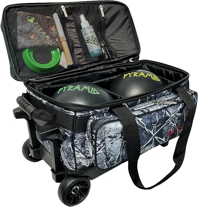 Pyramid Deluxe Double Roller 2 Ball Bowling Bag with Large Separate Shoe Compartment (Up To 2 Pairs Of Shoes) and Accessory Pockets, Sturdy Square Handle - Extends to 40" - Pro Options Available