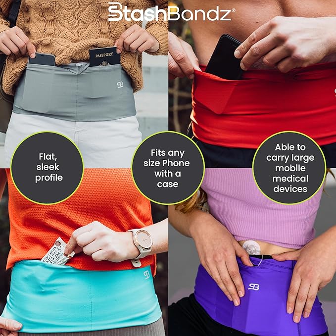 StashBandz No-Bounce Running Belt for Women & Men – Phone Holder Fits All Phones, 4-Pocket Slim Fanny Pack with Zipper – Travel Money Belt Waist Pack for Running & Workout