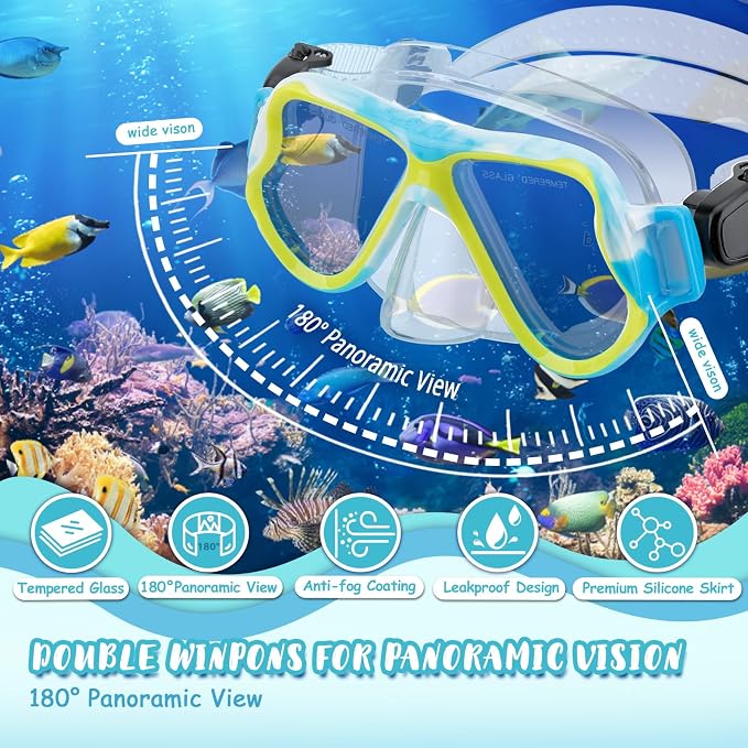 Snorkeling Gear for Kids, 4 in 1 Child Mask Fins Snorkel Set with Panoramic View Anti Fog Mask, Dry Top Snorkel, Trek Fins and Travel Bag, Kids Snorkeling Set with Fins for Snorkeling Swimming