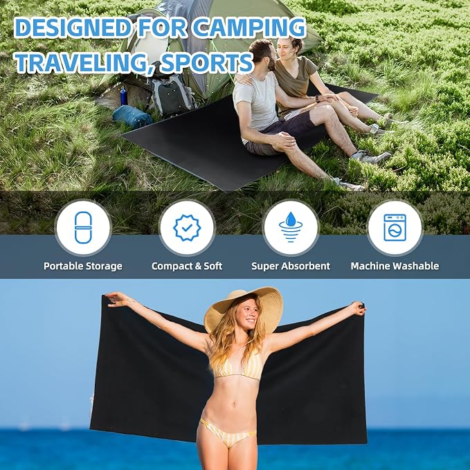 4 Pack Quick Dry Microfiber Towels for Body S L XL Camping Towel Fast Drying Compact for Sea Beach Swimming Yoga Hiking Pack Travel Bathroom Towel(Black)