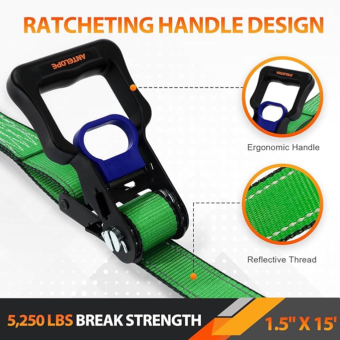 Ratchet Tie Down Straps Set, 5250 LBS Breaking Strength, 4 Pack 1.5" x 15' Heavy Duty Ratchet Straps, Cargo Strap, Motorcycle Straps for Trucks, Bicycle, Kayak, Moving, Tie Downs with S Hooks, Green