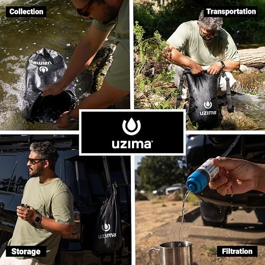 Uzima UZ-BP 17.5L Gravity Water Filter System - WHO Certified Backpacking Water Filtration System - Survival Gear for Bug Out Bag - All-in-One Collection, Storage, Filtration & Hands-Free Transport