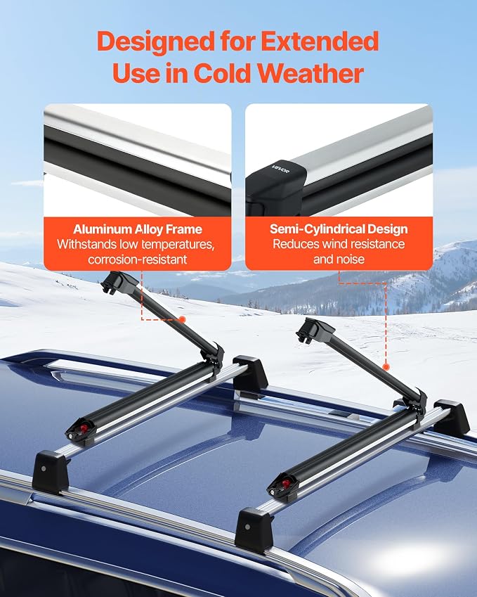 VEVOR Ski & Snowboard Roof Rack, Carry up to 6 Pairs of Skis or 4 Snowboards, 2 PCS Aluminum Universal Car Roof Rack with Lock & Rubber Padding, Carrier for Fishing Rod, Fit Most Slotted Crossbars