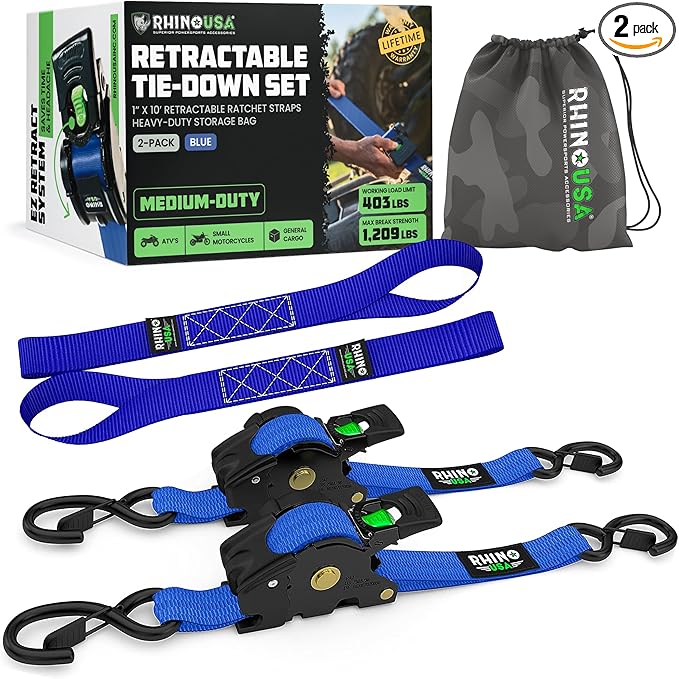 Rhino USA Retractable Ratchet Straps (2-Pack) - 1 Inch x 10 Feet (1,209lb Break Strength) - Auto Self Retracting Tie Down Straps for Truck, Cargo Trailer, Motorcycle, ATV, UTV - Blue