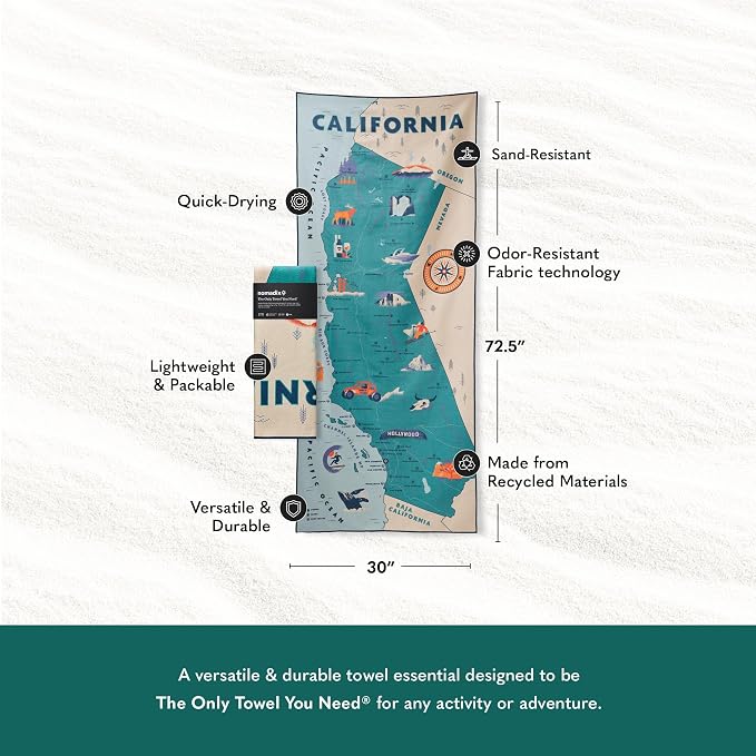 Nomadix Original Towel - Perfect for Beach, Pool, Travel, Camping, Yoga - Made with Recycled Materials - Super Absorbent - Sand Resistant (California Map)