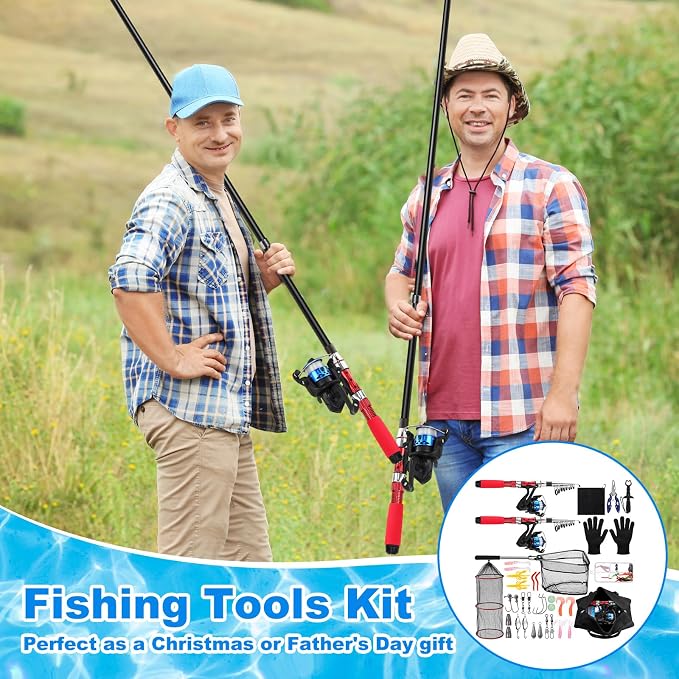 51 Pcs Fishing Rods Combo 6.89ft Telescopic Freshwater Pole Set with Plier Lip Gripper Lures Carrier Bag Pre Loaded Spinning Reel with Freshwater Rod Reel Kit Father Men Gift