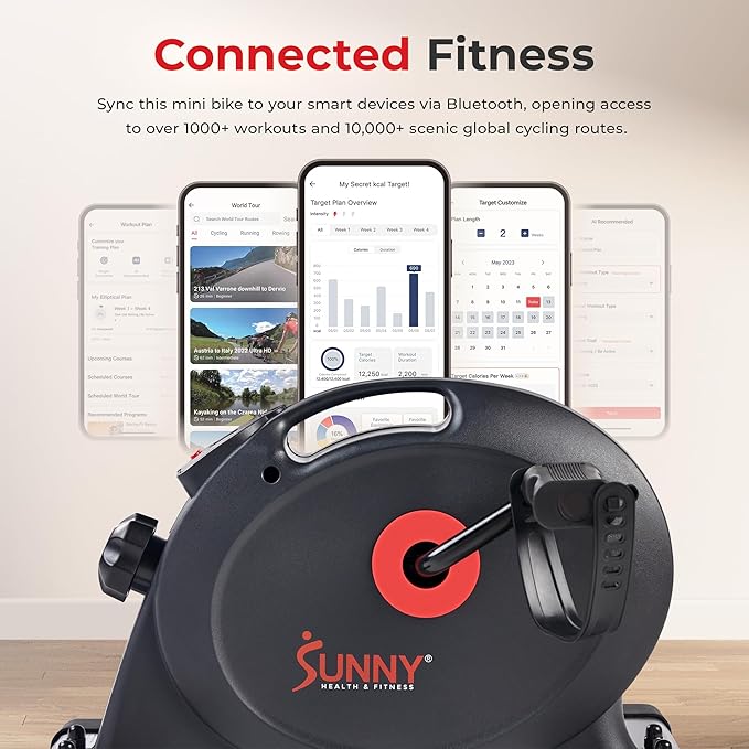 Sunny Health & Fitness Smart Under-Desk Bike Exerciser, Low-Impact Cardio Cycling Equipment for Home/Office, Mini Paddler for Arm/Leg Mobility Training, Free SunnyFit App