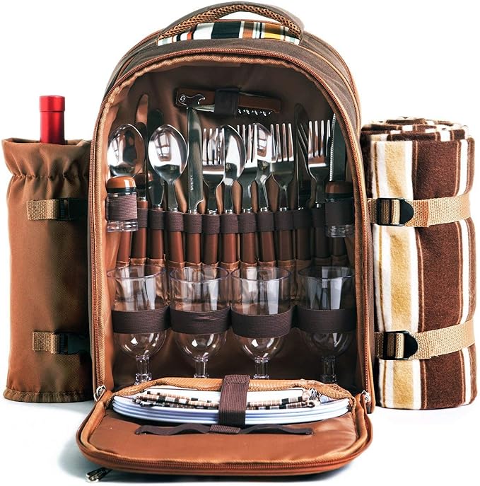 Hap Tim Picnic Backpack Bag for 4 Person with Cooler Compartment, Detachable Bottle/Wine Holder, Fleece Blanket, Plates and Cutlery Set Perfect for Outdoor, Sports, Hiking, Camping, BBQs(Coffee)