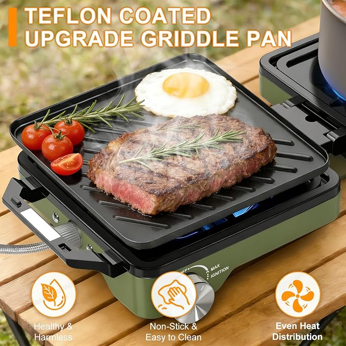 2-Burner Pro Camping Stove,24000 BTU Camp Stove,Foldable Propane Stove Includes Carry Bag,Windscreen Griddle, Portable Stove,Camping Essentials,Suitable For Outdoor Cooking,Tailgating,Grilling (Green)