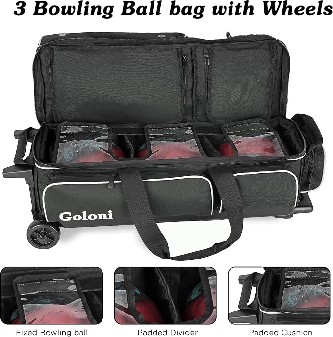 Goloni 3 Ball Bowling Bags with Wheels - Rolling Bowling Bag for 3 Balls & Accessories - Retractable Handle Extends to 38