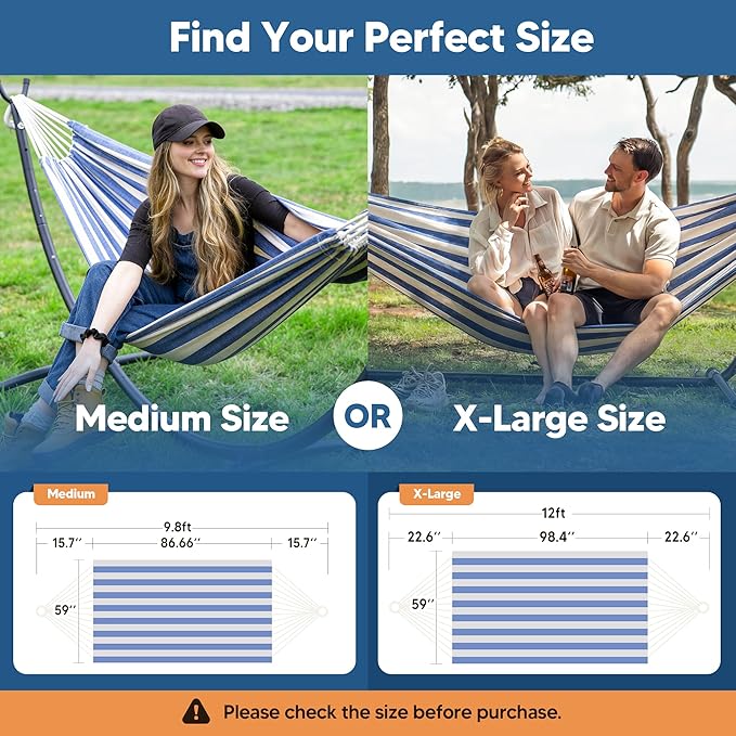 SUNCREAT Fabric Hammock for Backyard, Hanging Tree Hammock, Blue & White