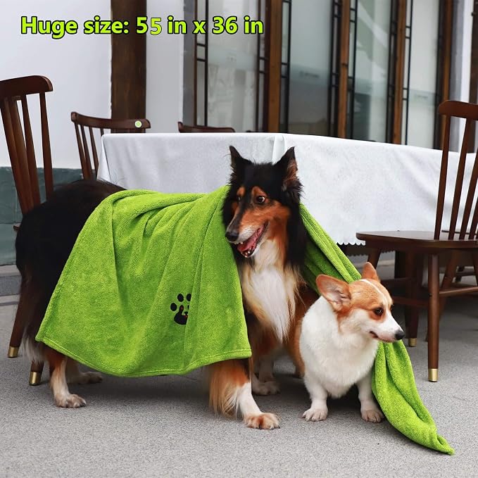 Dogvingpk Extra Large Dog Towel 3 Pack, Super Absorbent Soft Quick Drying Microfiber Pet Bath Towels for Large & Medium Dogs (XL-55" * 36", Green and Brown and Grey)