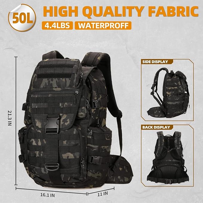 50L Military Tactical Backpack 3 Day Assault Pack Molle Daypack Hiking Backpack for Men and Women