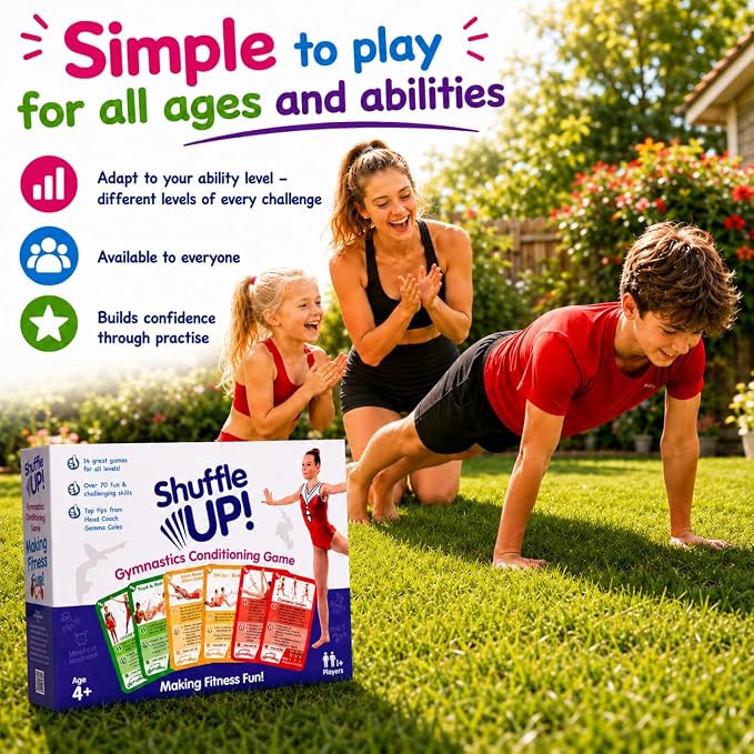 Shuffle Up Gymnastics Card Games - 70+ Fun & Active Skills Cards for Kids, Fitness Cards Develop Fundamentals, Stamina & Strength, Easy to Play for Kids | Multiple Skills Level Card Include 2 Dices