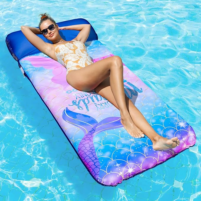 FindUWill Oversized Pool Float Lounge, 72" X 37" Extra Large Fabric-Covered Pool Floats for Adults, Inflatable Contour Lounger with Headrest Ultra-Comfort Cooling Pool Raft (XL, Monstera)