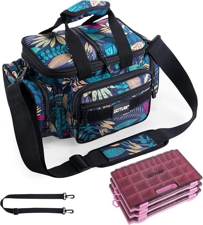 Goture Fishing Tackle Bag with 3PCS 3600 Pink Tackle Boxes | 600D Water-Resistant, Soft Side Cross Body Sling Bag, Saltwater Gear Storage,Padded Shoulder Strap