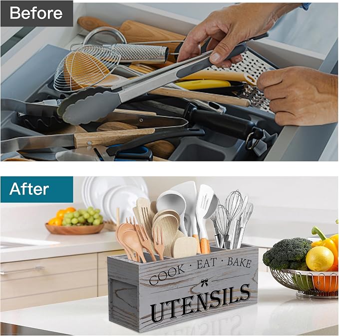 Suli Extra Large Kitchen Utensils Holder with 4 Compartments, Wooden Utensil Organizer for Kitchen Countertop, Farmhouse Decor, Rustic Cooking Utensil - Grey grain