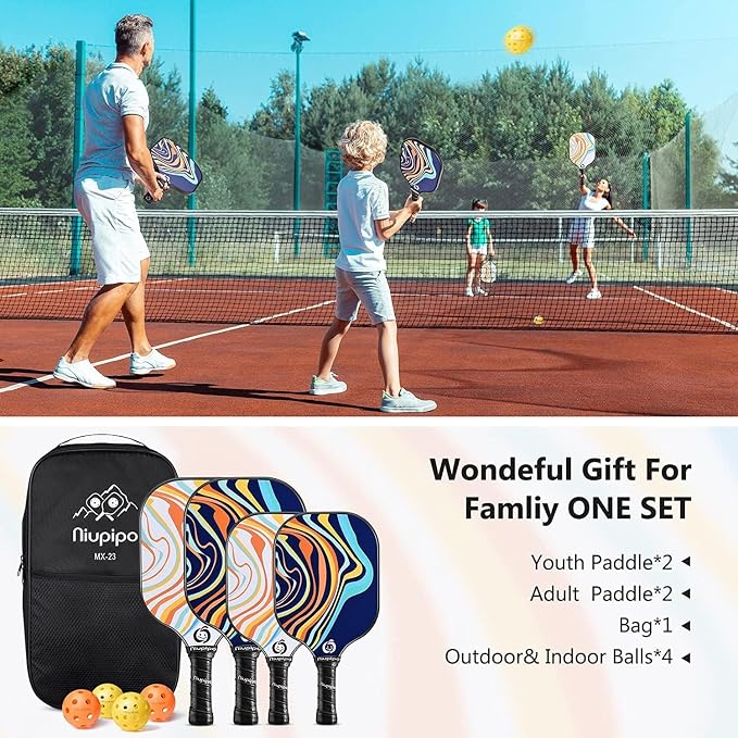 niupipo Pickleball Paddles Set of 2 or 4, USAPA Approved Fiberglass Pickleball Paddle Set with Balls and Bag, Polypropylene Honeycomb Core, Lightweight Pickleball Paddles for Beginners Men Women