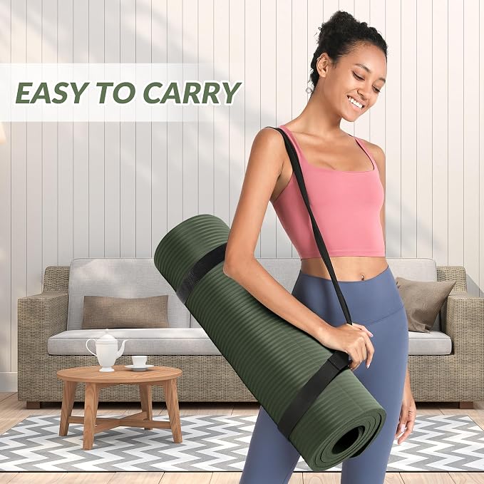 Signature Fitness Extra Thick High-Density Foam Yoga Mat – Multiple Thicknesses (1/2" & 1") / Multiple Colors – Double-Sided Non-Slip Surface – with Carrying Strap for Pilates, Yoga & Home Workouts