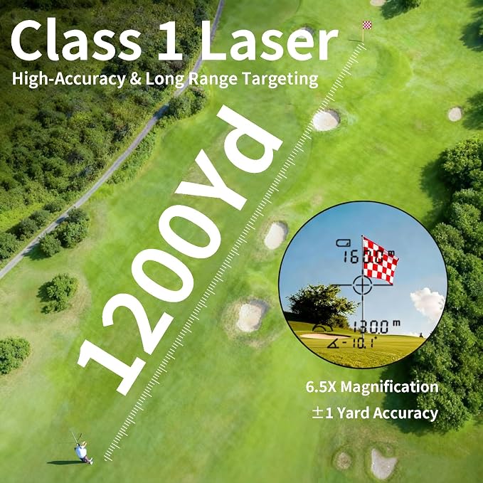 Golf Rangefinder with Slope, 1200 Yards Range Finder for Golf/Hunting, +1 Yard Accuracy 6.5X Magnification Flag Pole Locking Rechargeable Laser Rangefinders for Men Women