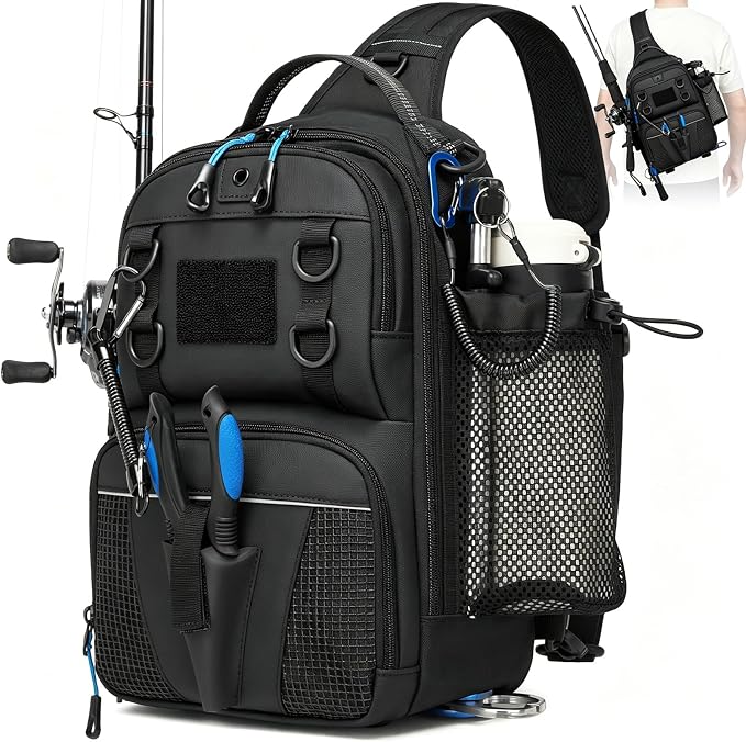 Fishing Bag, Convertible Fishing Tackle Sling Bag with Rod & Beverage Holder, Anti-theft Crossbody Shoulder Bag, Fish Gifts for Men Women, Black