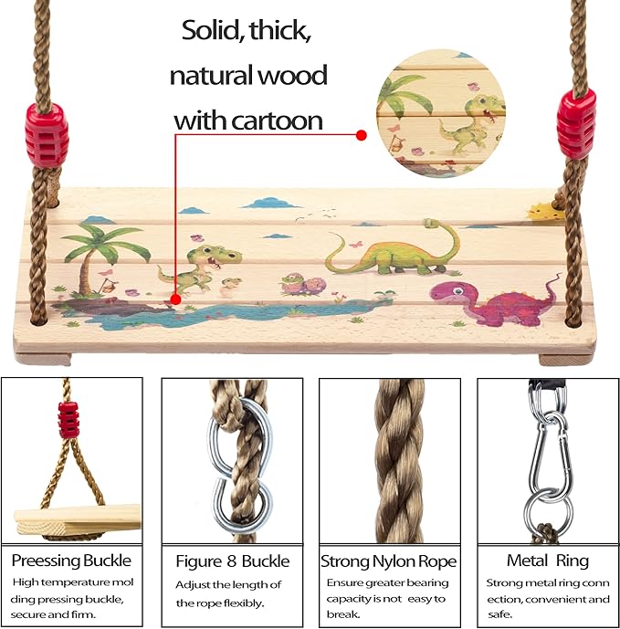 Wooden Swing Seat, Nostalgic Outdoor Wood Swing for Kids Adults, Tree Straps Set Accessories for Backyard Patio Garden Playground, Height Adjustable (Beige)