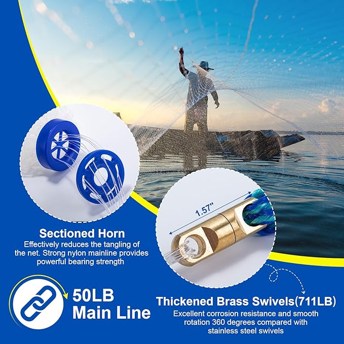 Goture American Fishing Cast Net Saltwater Freshwater, 3/8in Mesh Size Casting Net for Bait Fish Shrimp Trap, Dual Color Double Selvage Add Tape, Throw Cast Nets with Needle